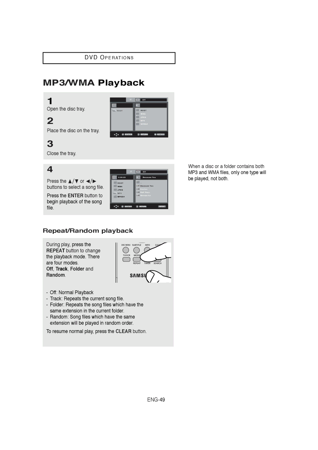 Samsung DVD-V5650B instruction manual MP3/WMA Playback, Repeat/Random playback, Off, Track, Folder Random 