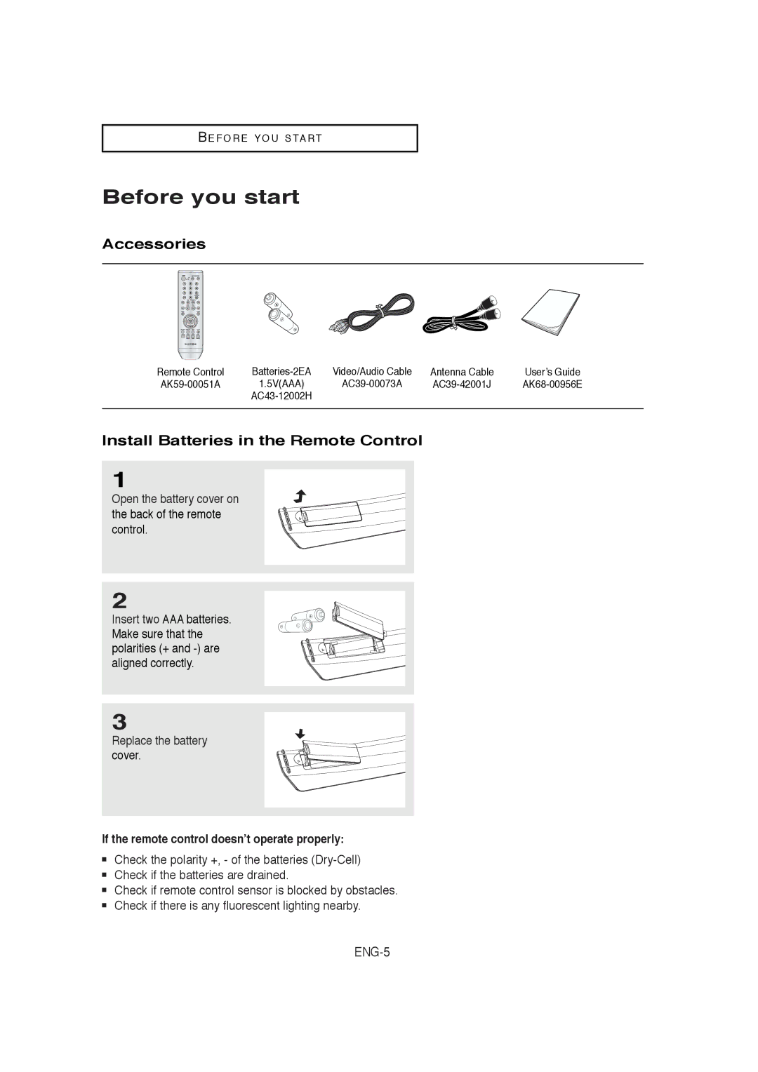 Samsung DVD-V5650B instruction manual Before you start, Accessories, Install Batteries in the Remote Control 