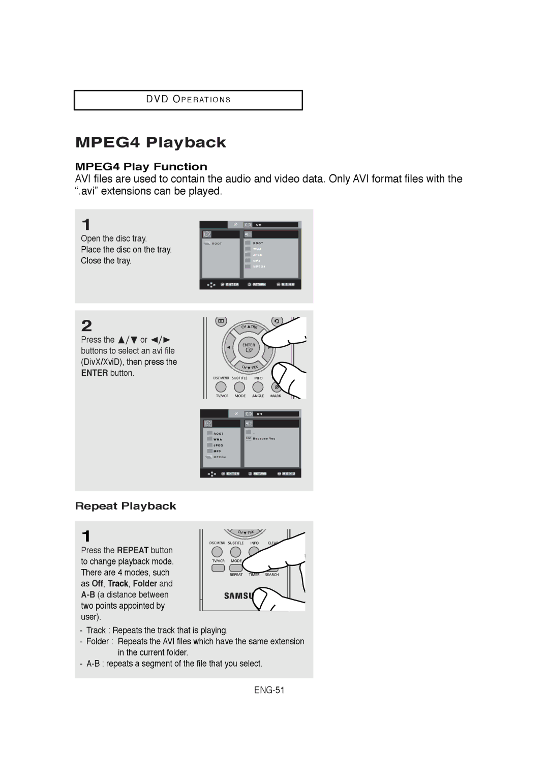 Samsung DVD-V5650B instruction manual MPEG4 Playback, MPEG4 Play Function, Repeat Playback, Open the disc tray 