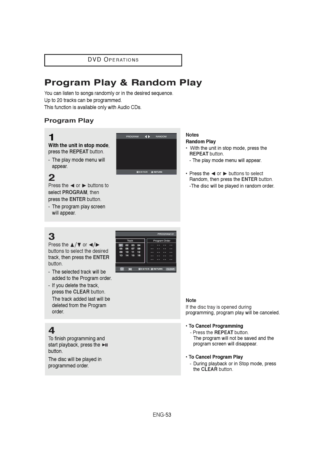 Samsung DVD-V5650B Program Play & Random Play, Play mode menu will appear, Program play screen will appear 