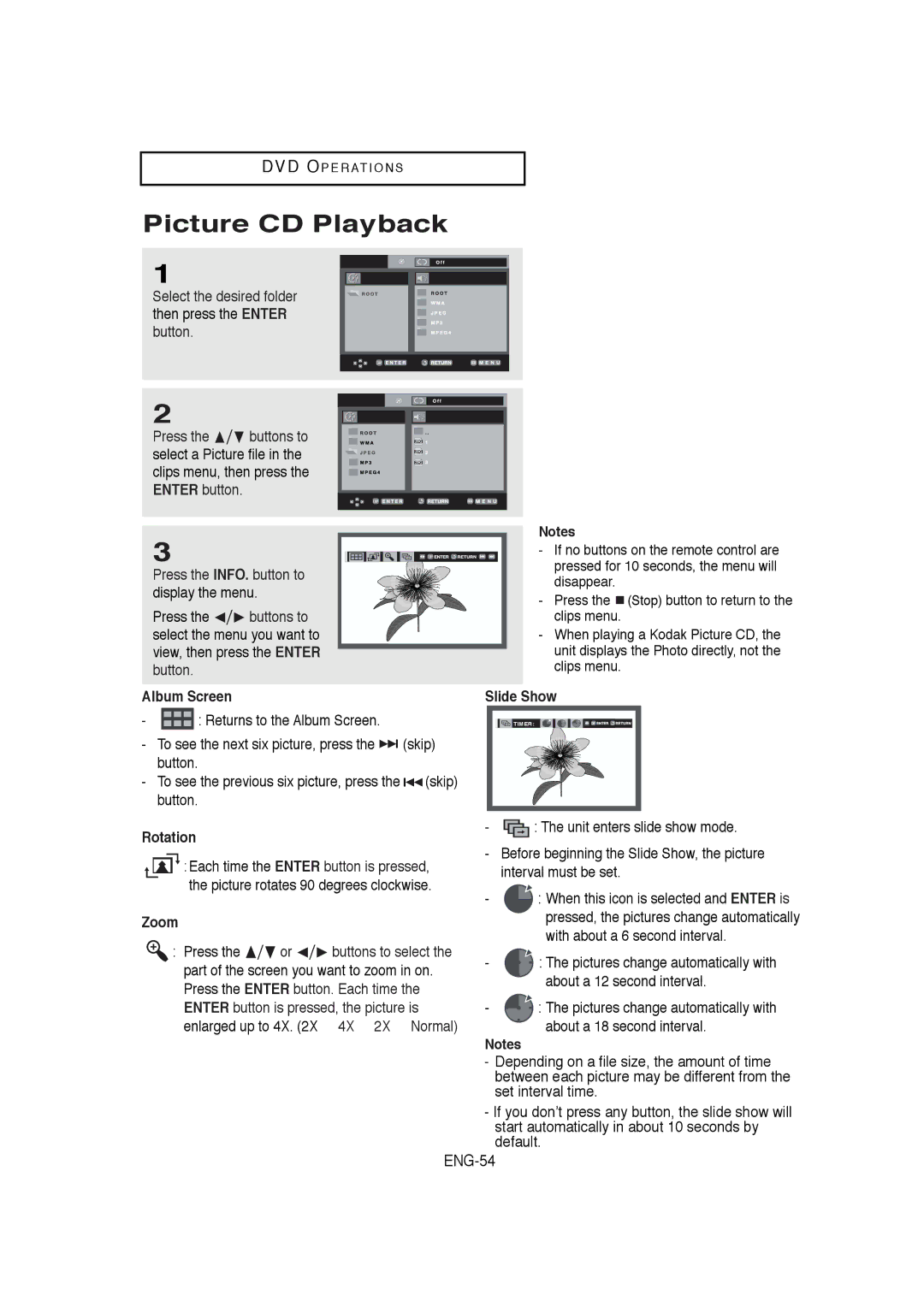 Samsung DVD-V5650B instruction manual Picture CD Playback, Album Screen, Rotation, Zoom, Slide Show 