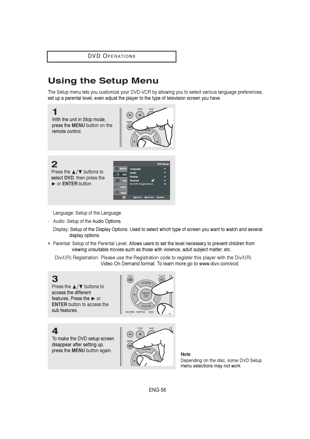 Samsung DVD-V5650B instruction manual Using the Setup Menu, Or Enter button 