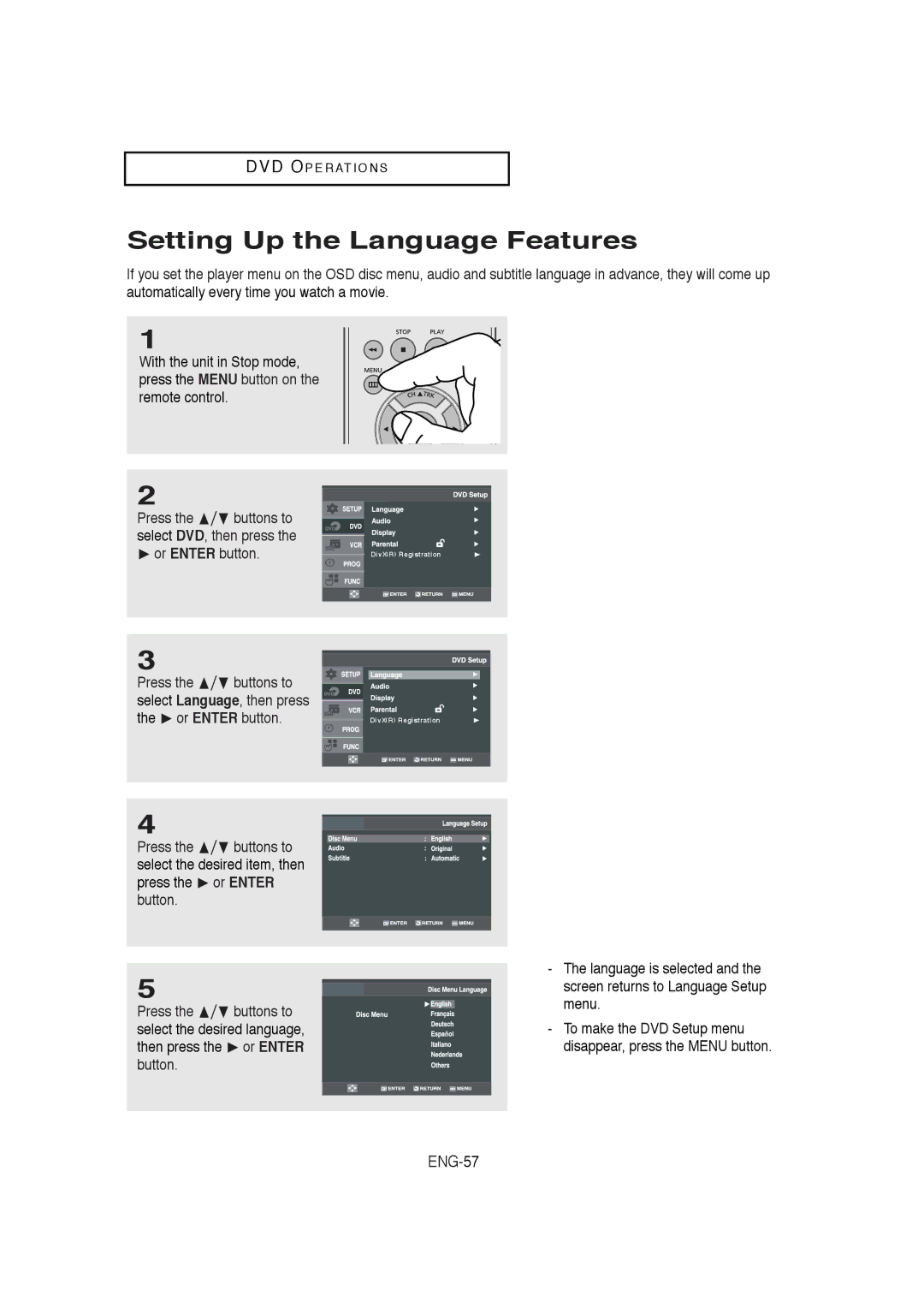 Samsung DVD-V5650B instruction manual Setting Up the Language Features, Menu, To make the DVD Setup menu 