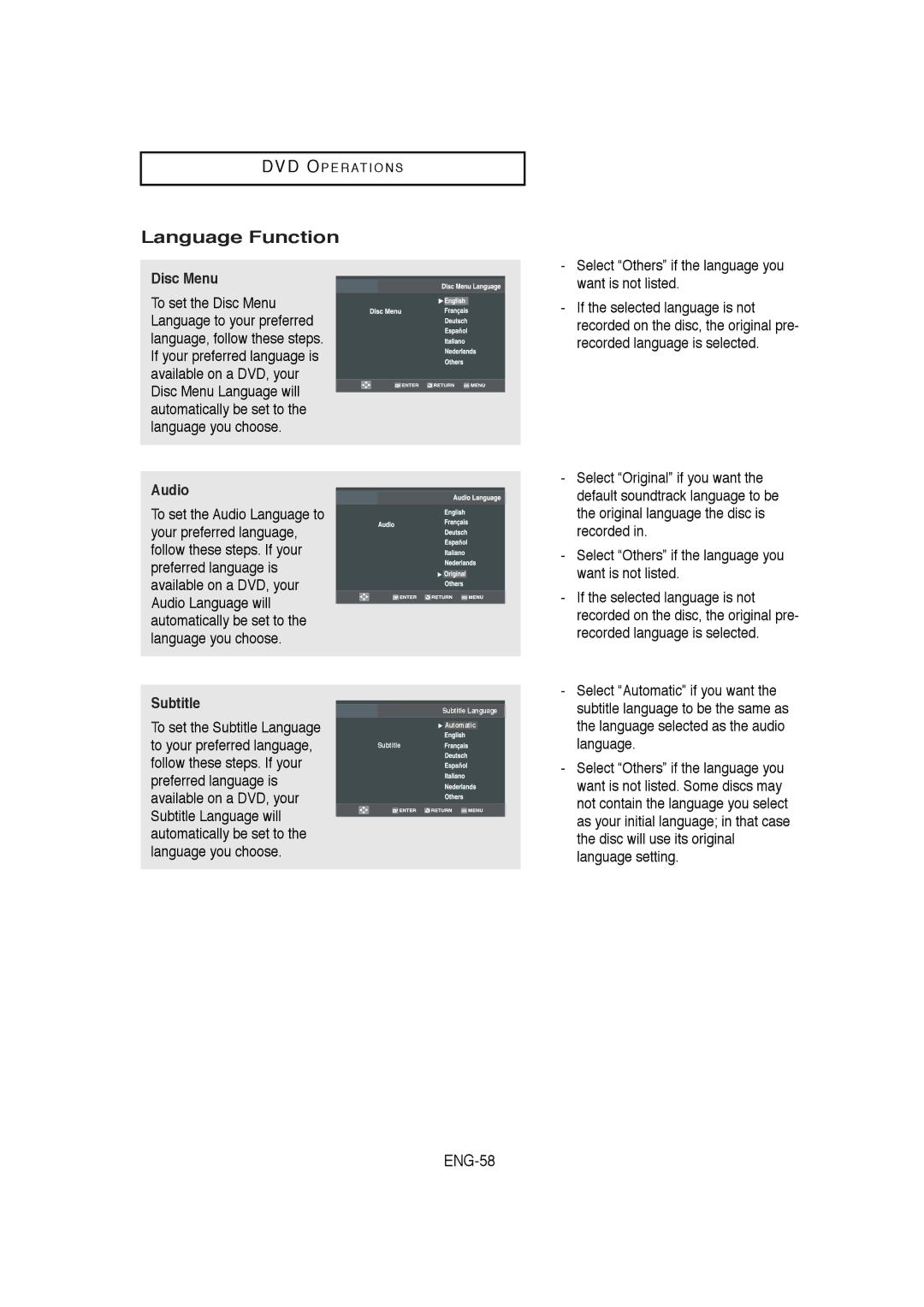 Samsung DVD-V5650B instruction manual Language Function, Disc Menu, Audio, Subtitle 