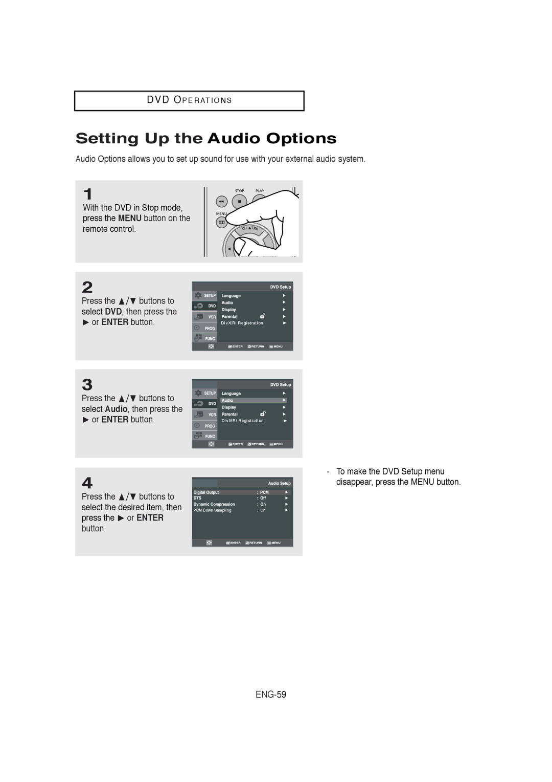 Samsung DVD-V5650B instruction manual Setting Up the Audio Options, Press the #$ buttons to, Button 