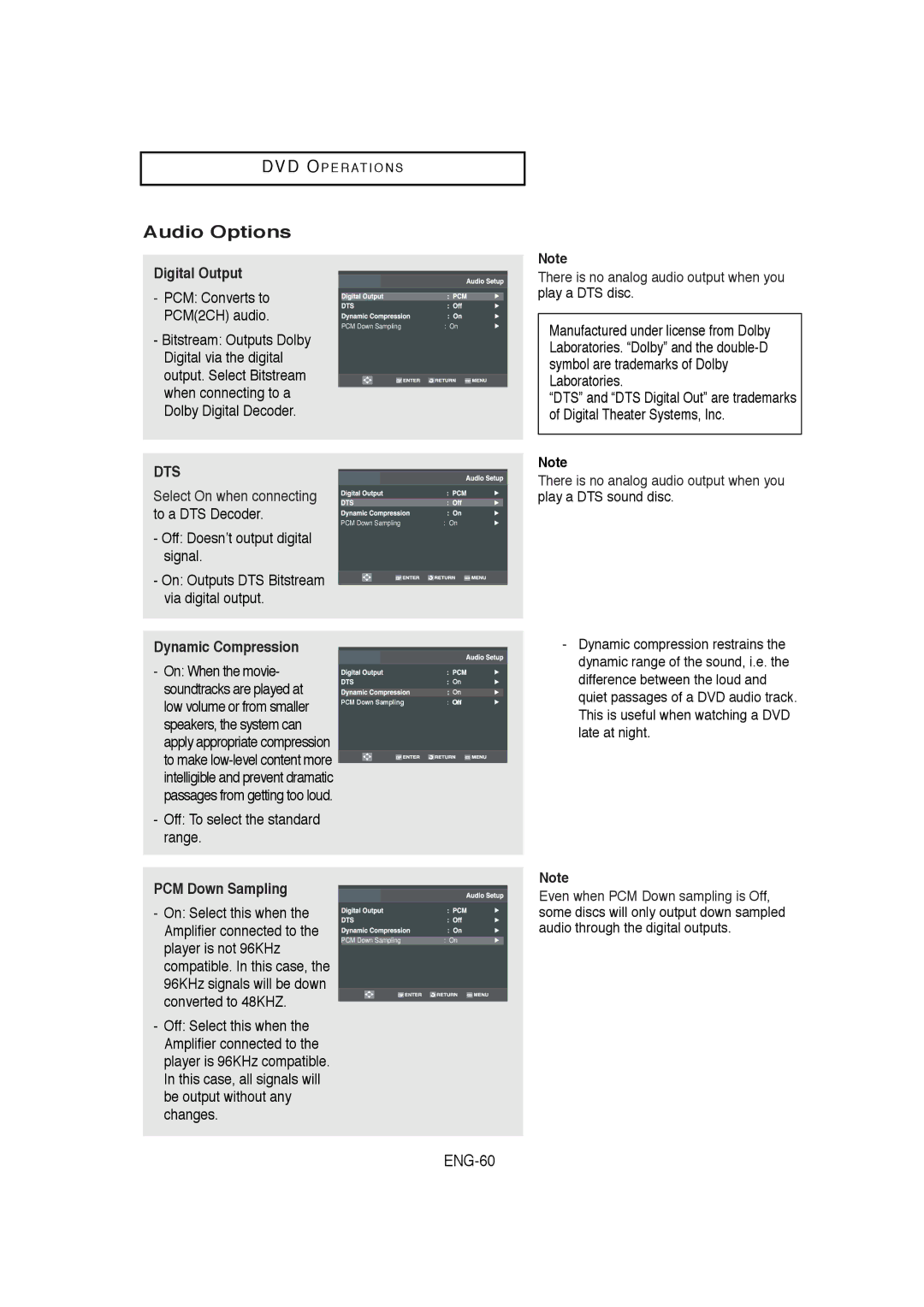 Samsung DVD-V5650B instruction manual Audio Options, Digital Output, PCM Down Sampling 