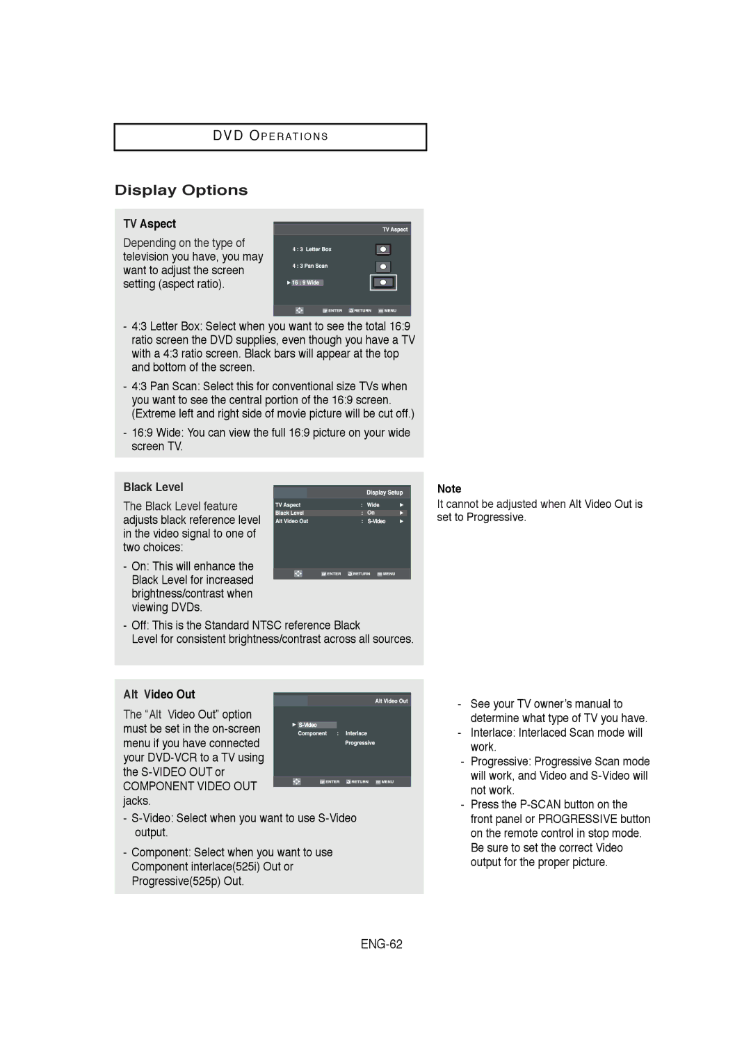 Samsung DVD-V5650B instruction manual Display Options, TV Aspect, Black Level feature, Alt Video Out 