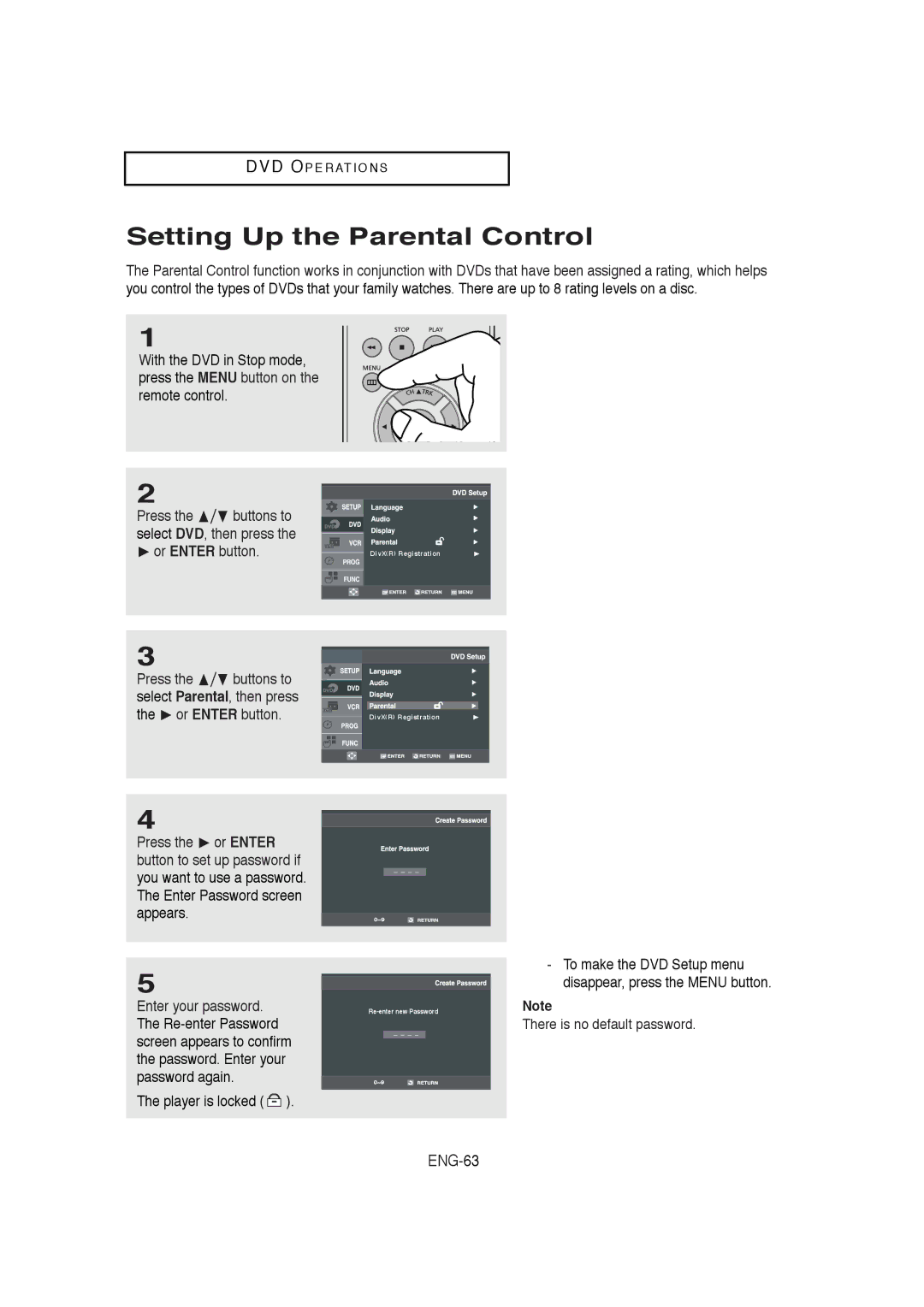 Samsung DVD-V5650B instruction manual Setting Up the Parental Control, Player is locked 