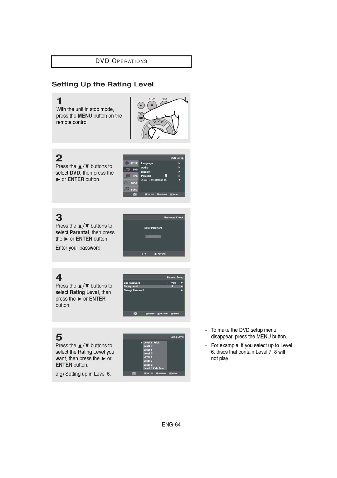 Samsung DVD-V5650B instruction manual Setting Up the Rating Level, Enter your password, Setting up in Level 