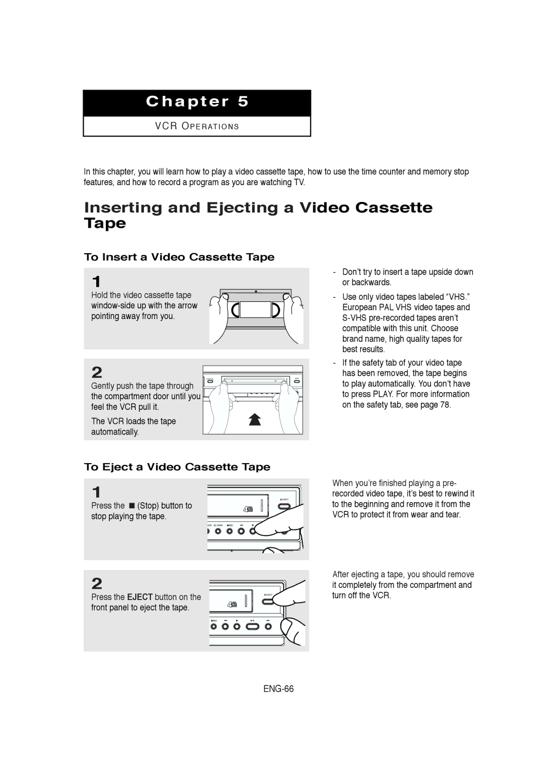 Samsung DVD-V5650B instruction manual Inserting and Ejecting a Video Cassette, To Insert a Video Cassette Tape 