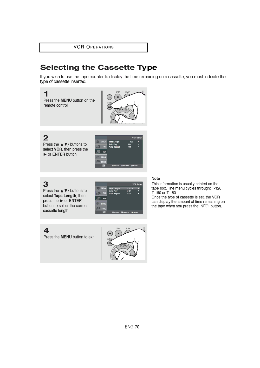 Samsung DVD-V5650B instruction manual Selecting the Cassette Type, Press the Menu button to exit 