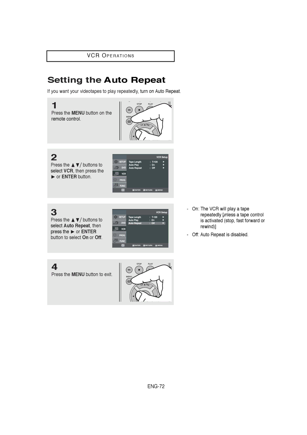 Samsung DVD-V5650B instruction manual Setting the Auto Repeat 