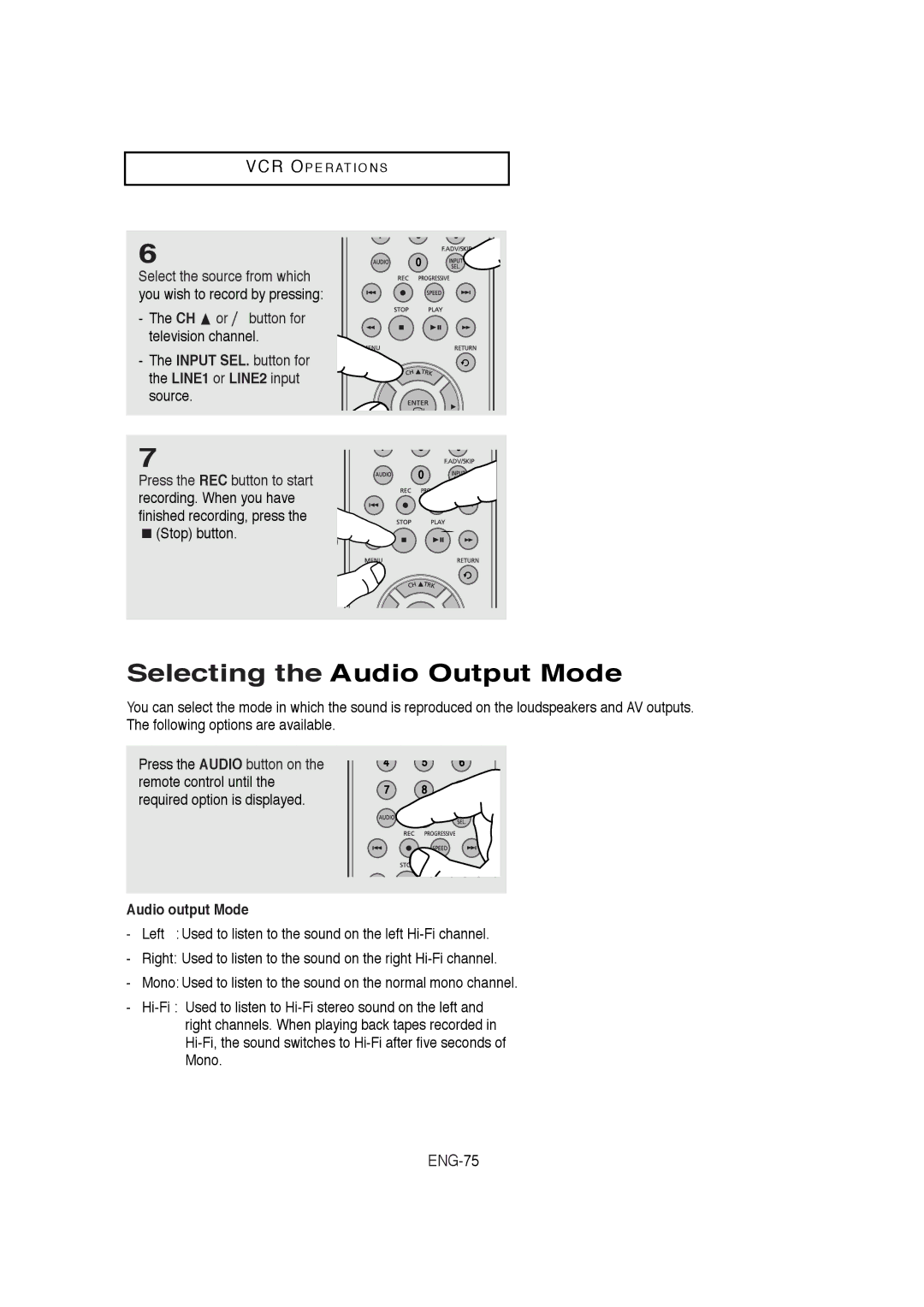 Samsung DVD-V5650B Selecting the Audio Output Mode, CH or # button for television channel, Audio output Mode 