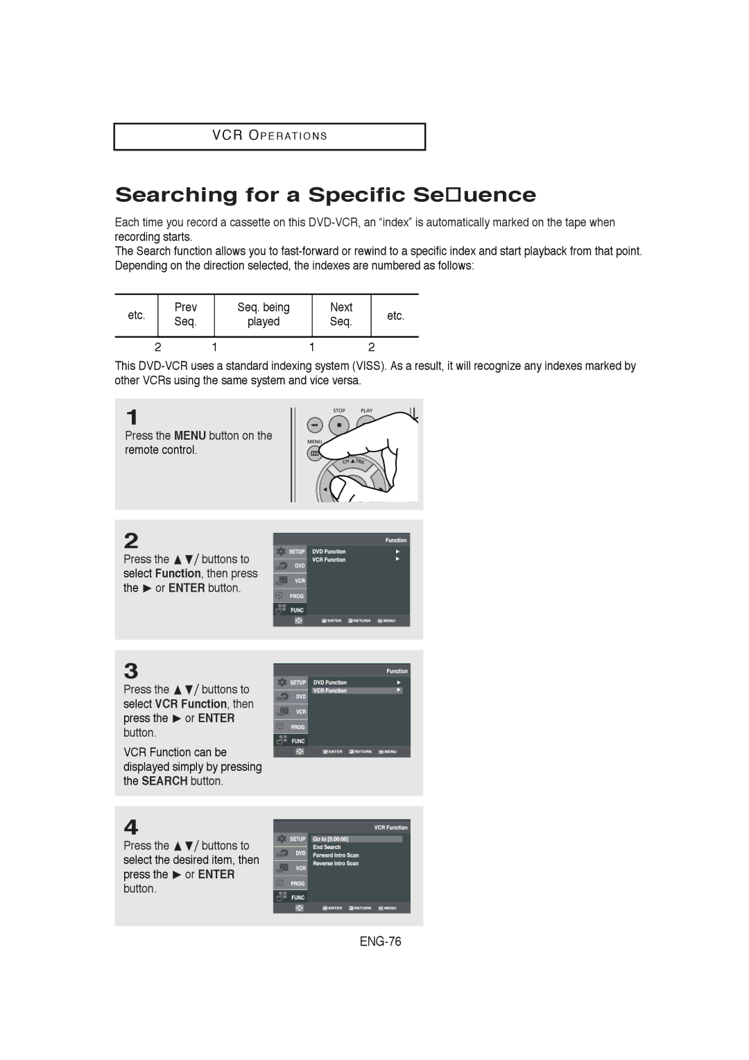 Samsung DVD-V5650B instruction manual Searching for a Specific Sequence, Prev, Next Etc Seq 