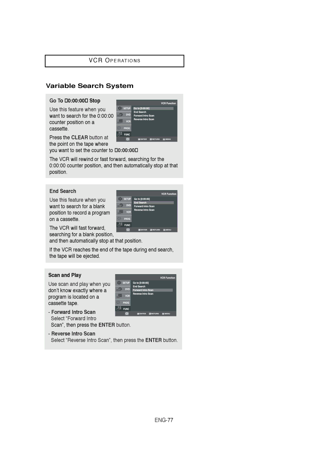 Samsung DVD-V5650B Variable Search System, Go To 00000 Stop, End Search, Scan and Play, Reverse Intro Scan 