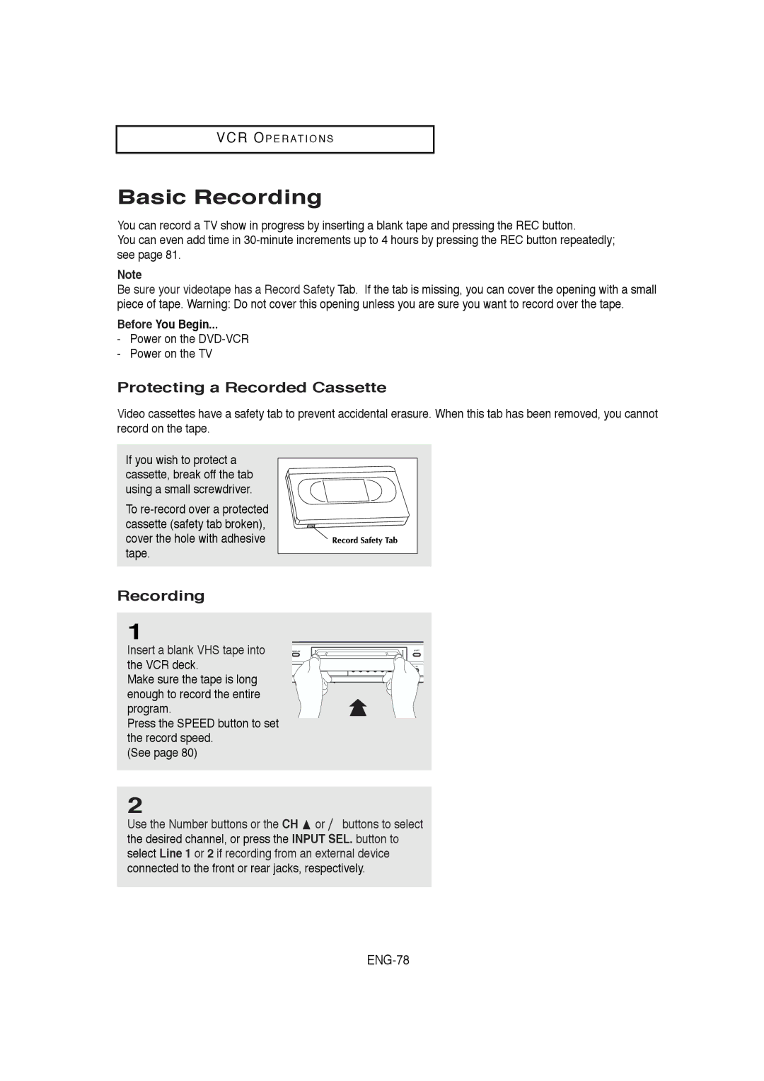 Samsung DVD-V5650B instruction manual Basic Recording, Protecting a Recorded Cassette, Before You Begin 