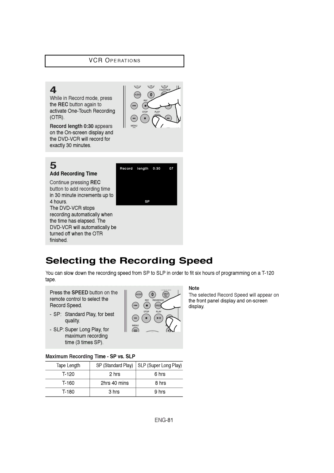 Samsung DVD-V5650B Selecting the Recording Speed, Add Recording Time, Maximum Recording Time SP vs. SLP, Hrs 