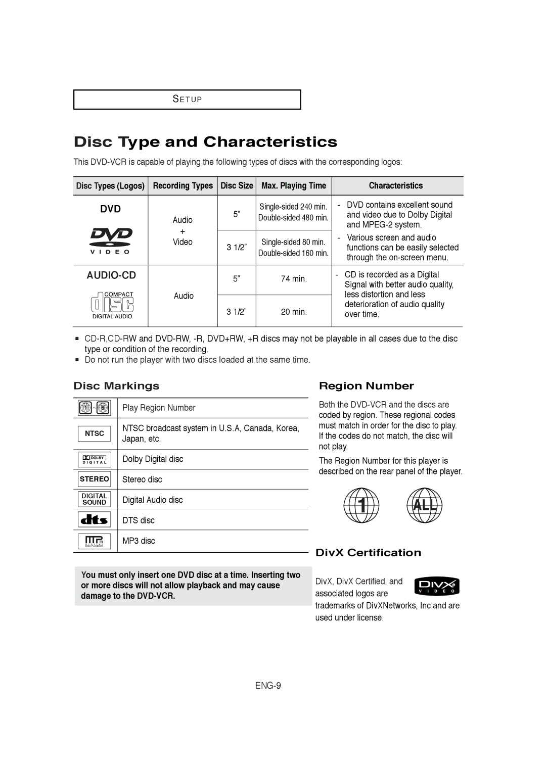 Samsung DVD-V5650B instruction manual Disc Type and Characteristics, Disc Markings, Region Number, DivX Certification 