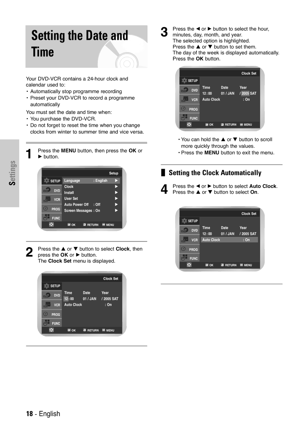 Samsung DVD-V6000, DVD-V5450, DVD-V6400 Time, Setting the Clock Automatically, Press the œ or √ button to select Auto Clock 