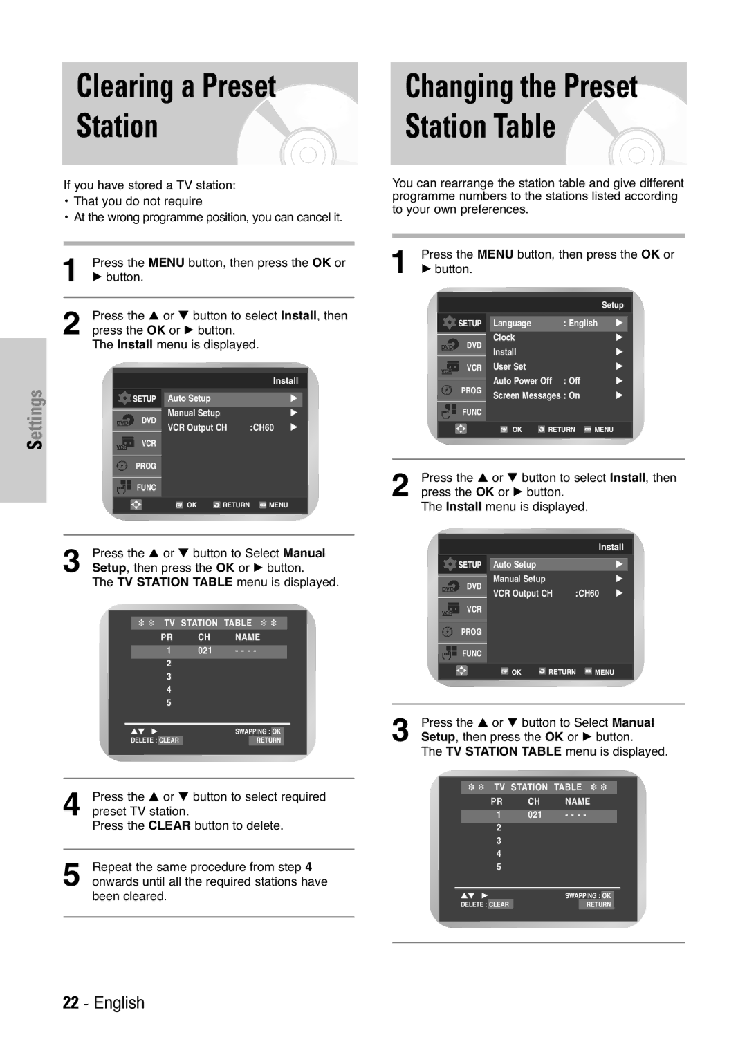 Samsung DVD-V5450 Clearing a Preset Station, TV Station Table menu is displayed, Press the … or † button to Select Manual 