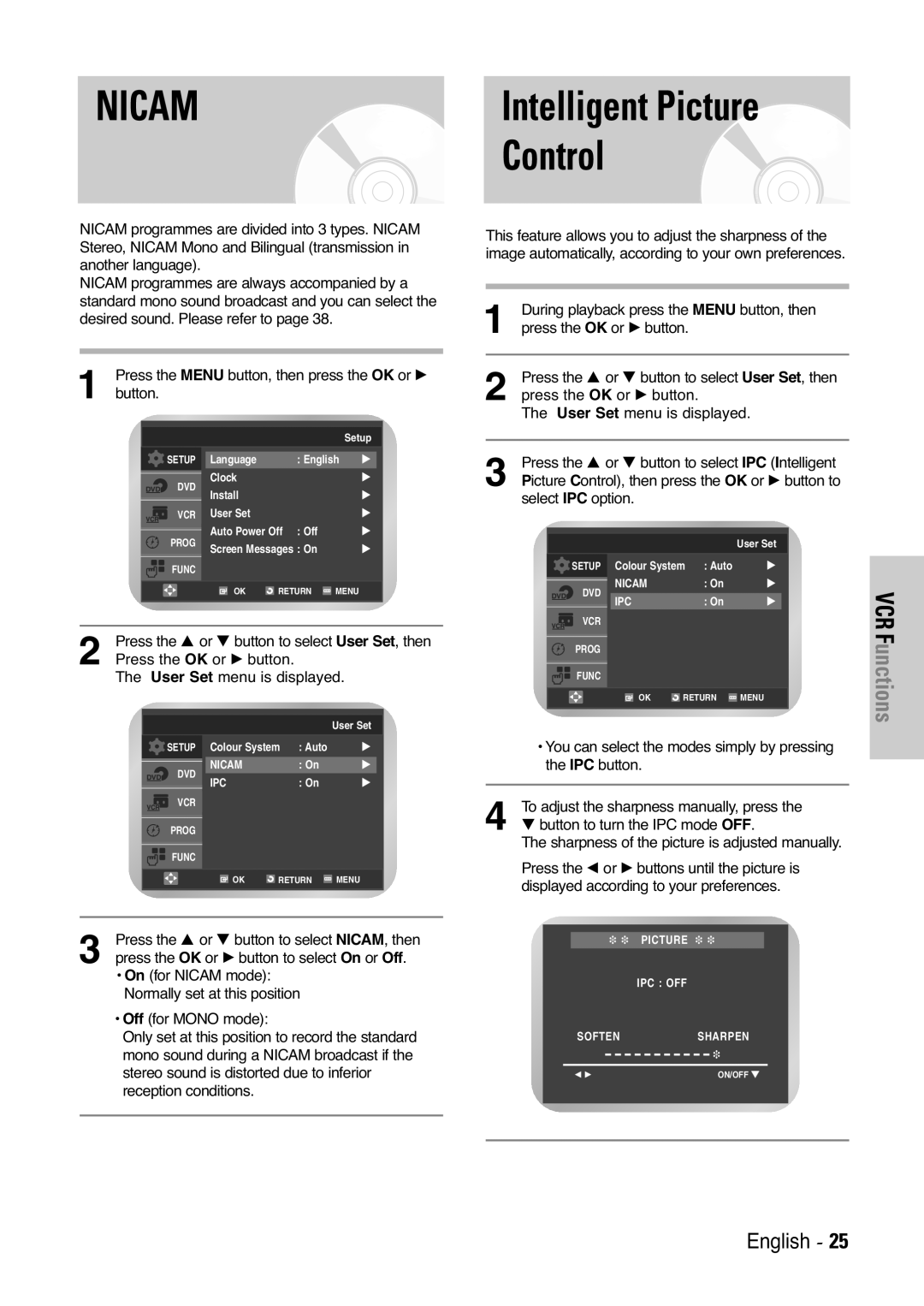 Samsung DVD-V5450, DVD-V6000, DVD-V6400 Control, Press the … or † button to select User Set, then, Press the OK or √ button 