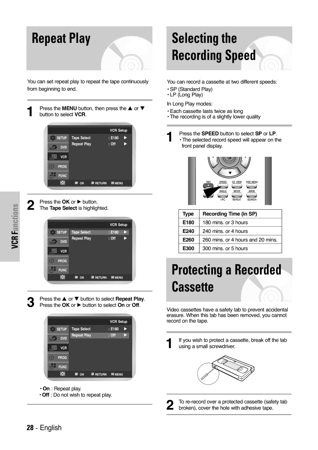 Samsung DVD-V5450, DVD-V6000 Repeat Play Selecting Recording Speed, Press the OK or √ button, Tape Select is highlighted 