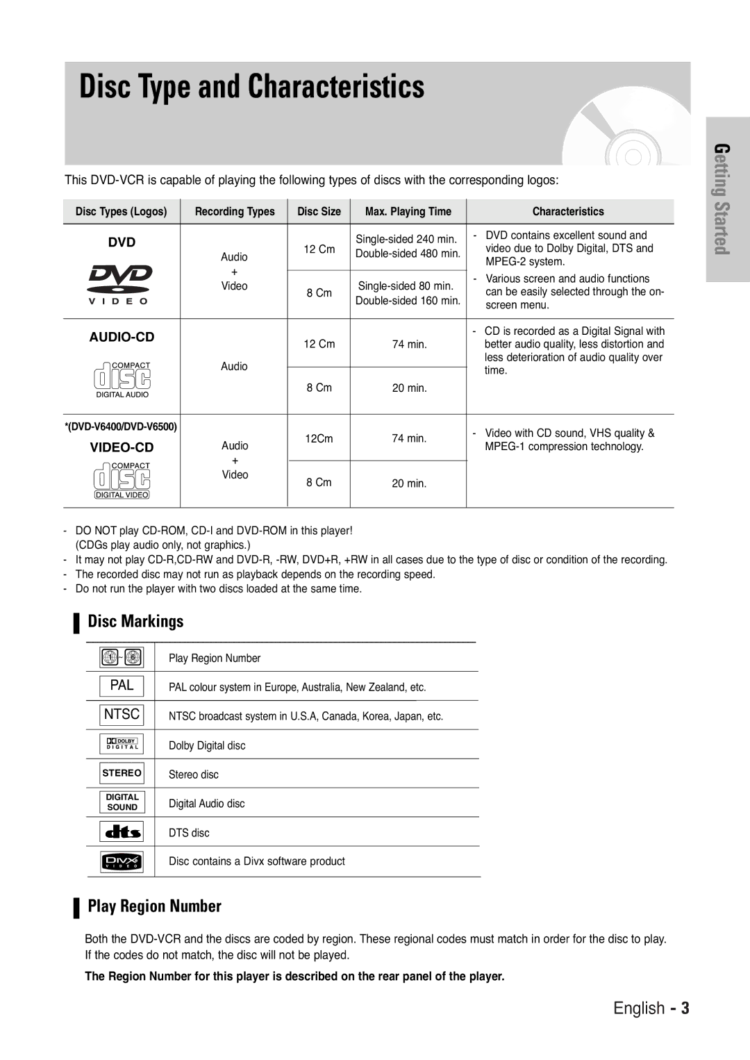 Samsung DVD-V6000, DVD-V5450, DVD-V6400 Disc Type and Characteristics, Disc Markings, Play Region Number, Disc Size 