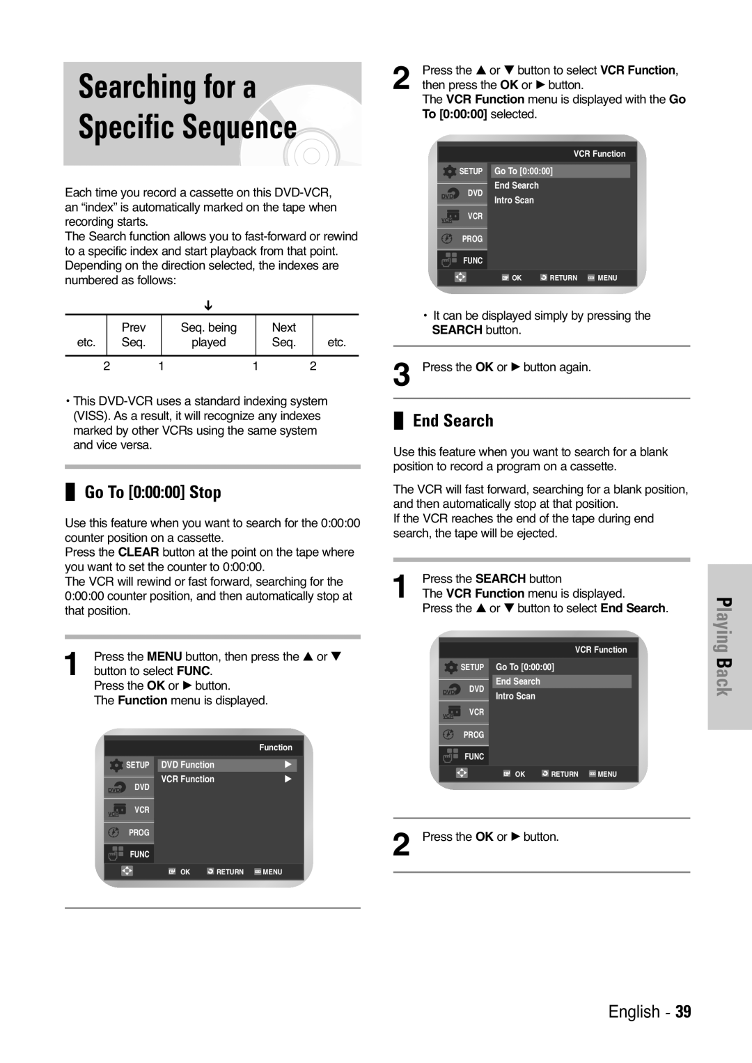 Samsung DVD-V6000, DVD-V5450, DVD-V6400 user manual Searching for a Specific Sequence, Go To 00000 Stop, End Search 