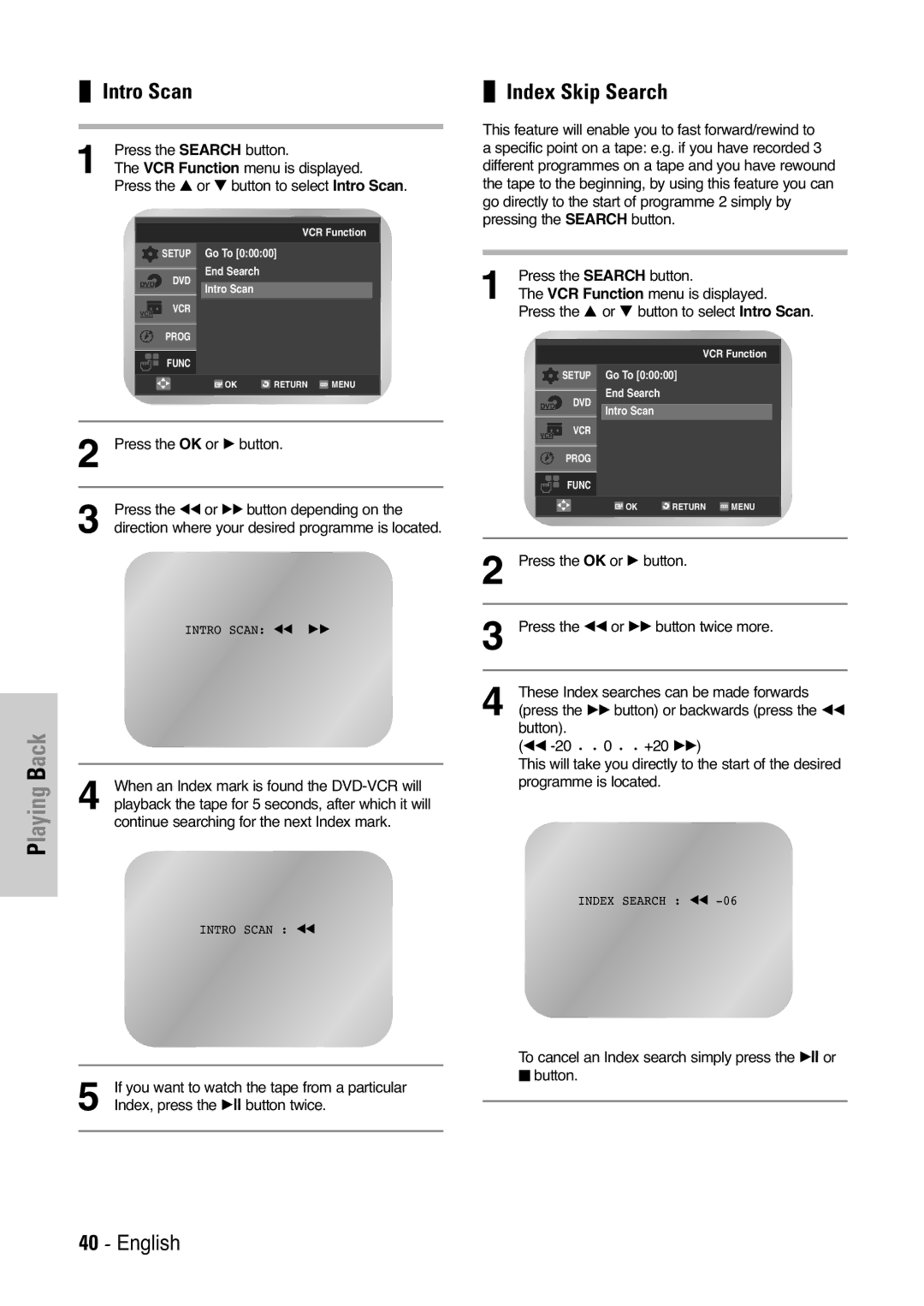 Samsung DVD-V5450, DVD-V6000, DVD-V6400 user manual Intro Scan, Index Skip Search 