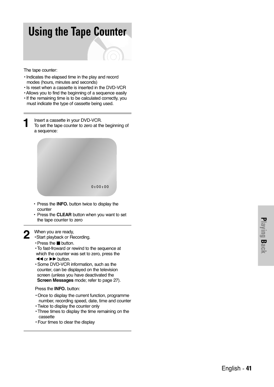 Samsung DVD-V6400, DVD-V6000, DVD-V5450 user manual Using the Tape Counter, Sequence, Œœ or √√ button 