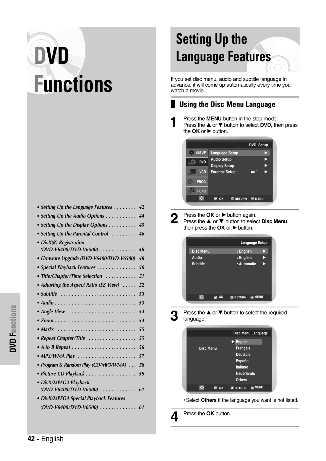 Samsung DVD-V6000, DVD-V5450, DVD-V6400 user manual Setting Up Language Features, Using the Disc Menu Language 