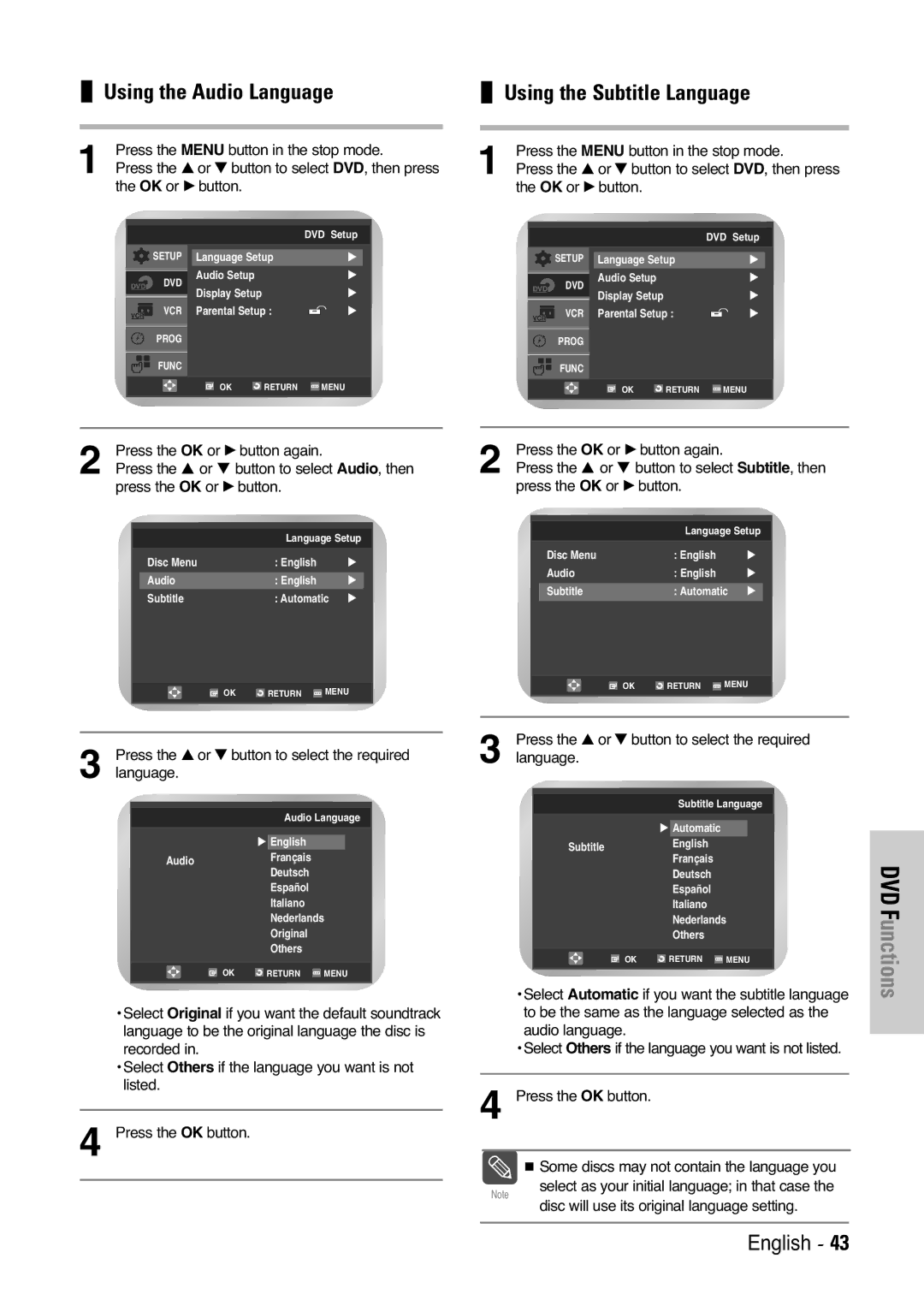 Samsung DVD-V5450, DVD-V6000, DVD-V6400 user manual Using the Audio Language, Using the Subtitle Language 