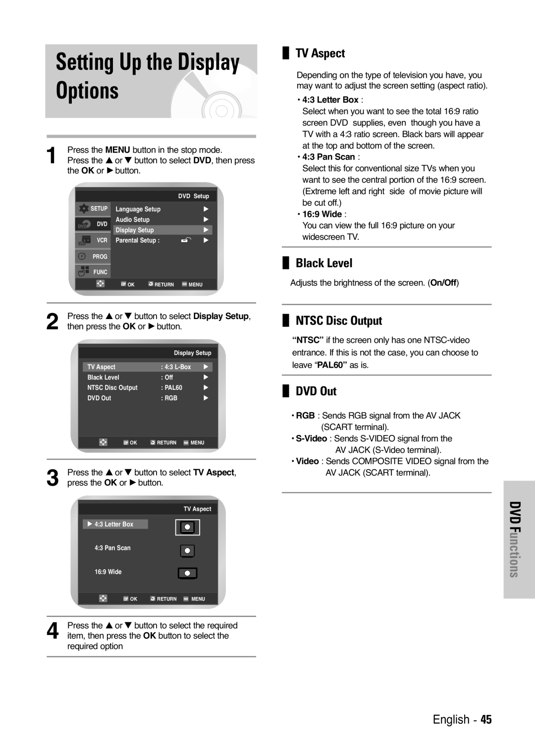 Samsung DVD-V6000, DVD-V5450, DVD-V6400 Setting Up the Display Options, TV Aspect, Black Level, Ntsc Disc Output, DVD Out 