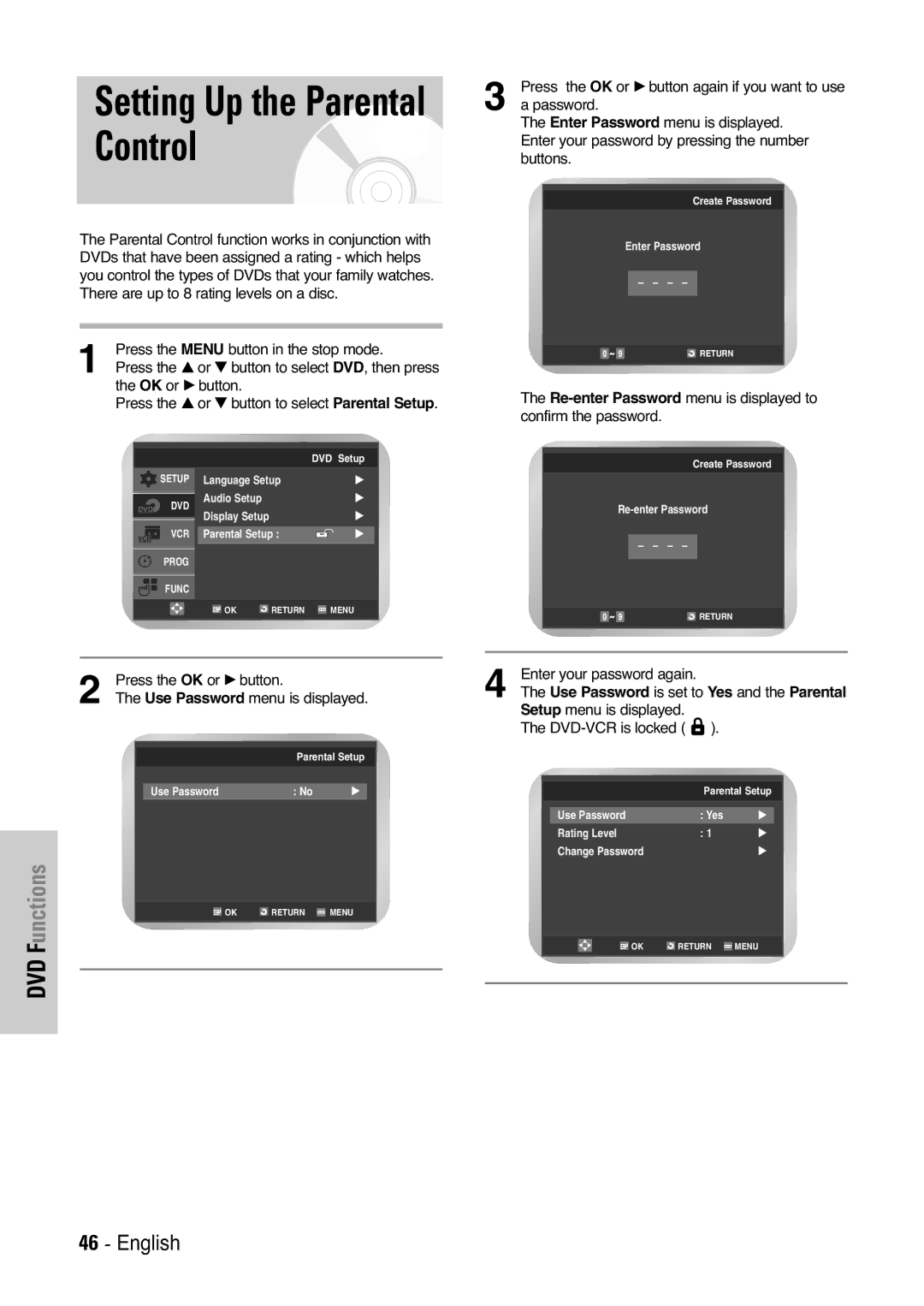 Samsung DVD-V5450, DVD-V6000 Setting Up the Parental Control, Re-enter Password menu is displayed to confirm the password 