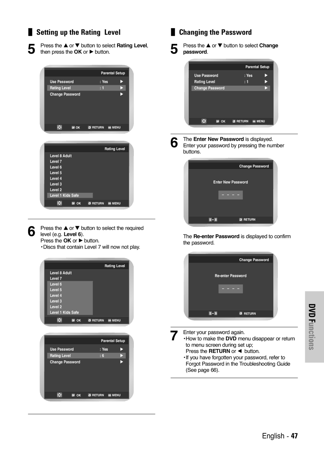 Samsung DVD-V6400, DVD-V6000, DVD-V5450 user manual Setting up the Rating Level, Changing the Password 