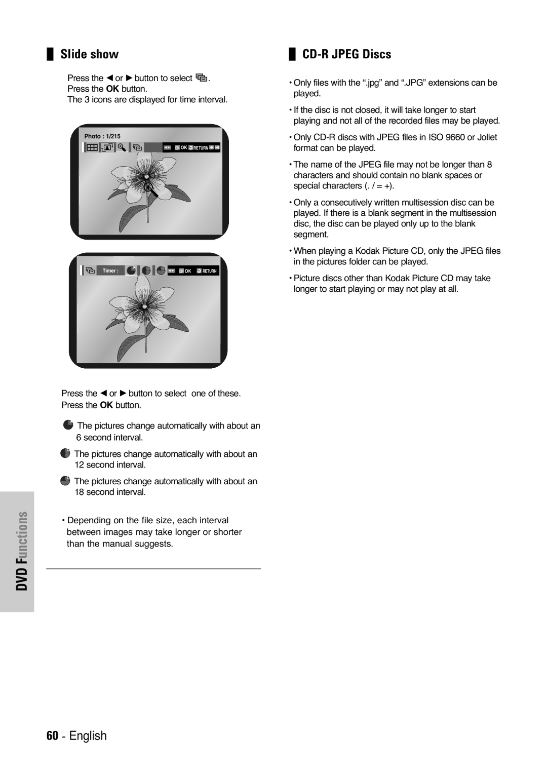 Samsung DVD-V6000, DVD-V5450, DVD-V6400 user manual Slide show, CD-R Jpeg Discs 