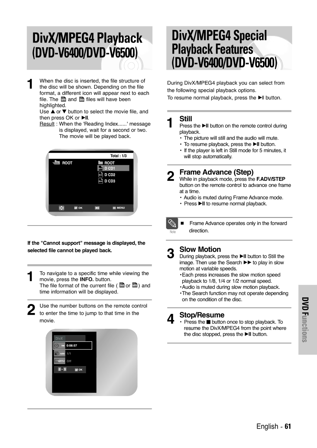 Samsung DVD-V5450, DVD-V6000, DVD-V6400 user manual Playback Features, When the disc is inserted, the file structure 