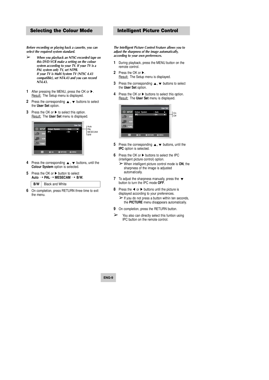 Samsung DVD-V645K Selecting the Colour Mode, Intelligent Picture Control, On completion, press the Return button 