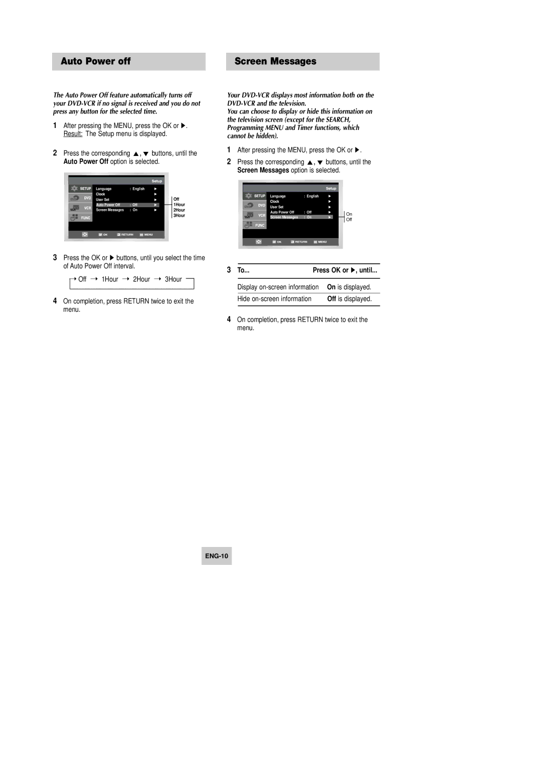 Samsung DVD-V642K, DVD-V645K instruction manual Auto Power off, Screen Messages, After pressing the MENU, press the OK or ❿ 