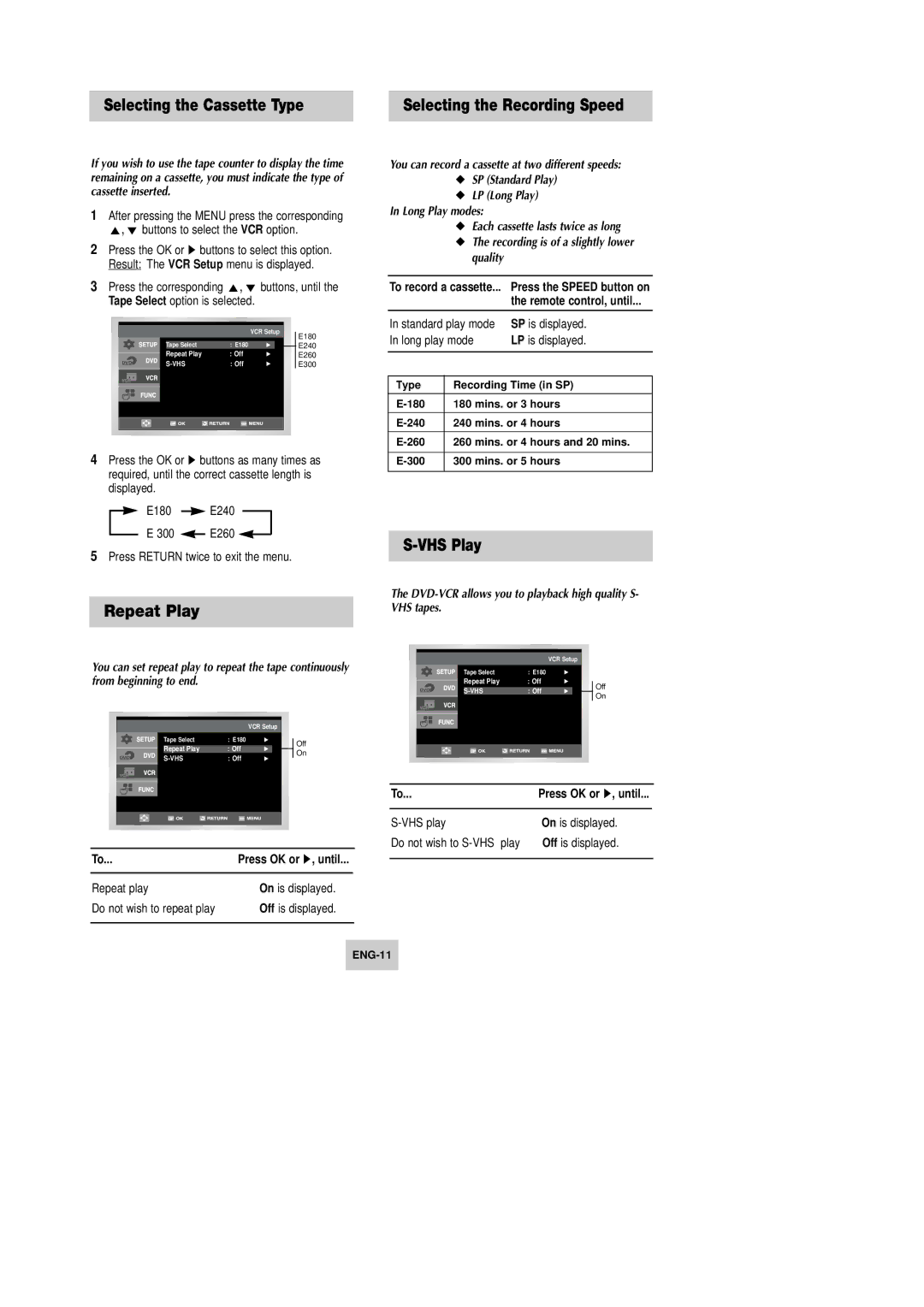 Samsung DVD-V645K, DVD-V642K instruction manual Selecting the Cassette Type, Repeat Play, VHS Play 