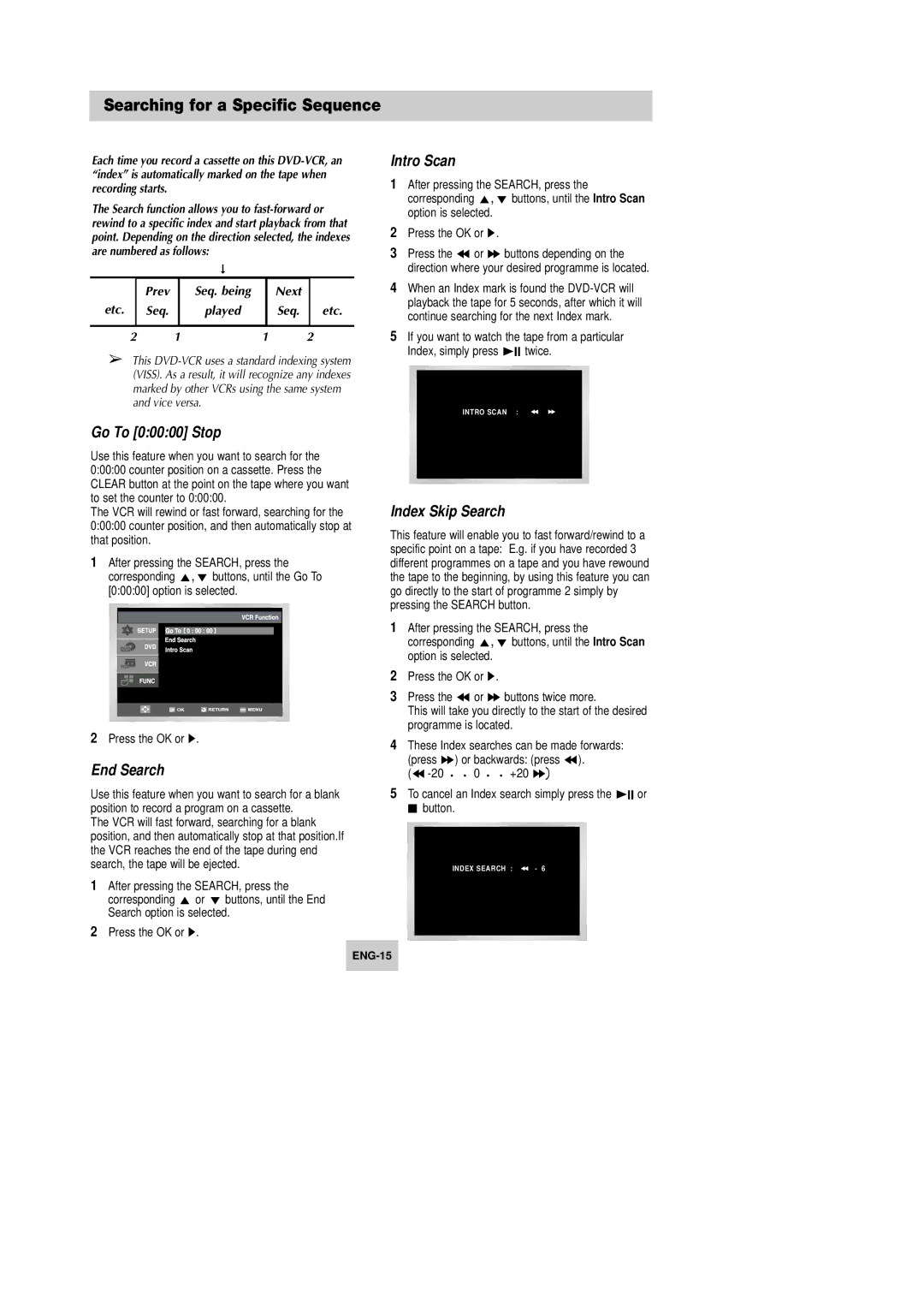 Samsung DVD-V645K Searching for a Specific Sequence, Go To 00000 Stop, End Search, Intro Scan, Index Skip Search 