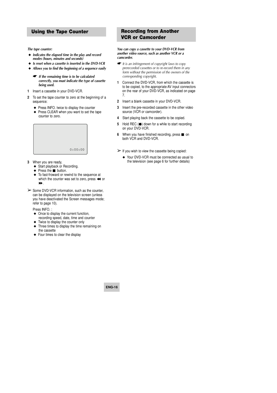 Samsung DVD-V642K, DVD-V645K Using the Tape Counter, Recording from Another VCR or Camcorder, Tape counter 