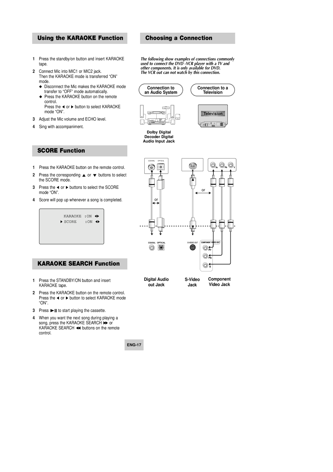 Samsung DVD-V645K, DVD-V642K Using the Karaoke Function, Score Function, Karaoke Search Function, Choosing a Connection 