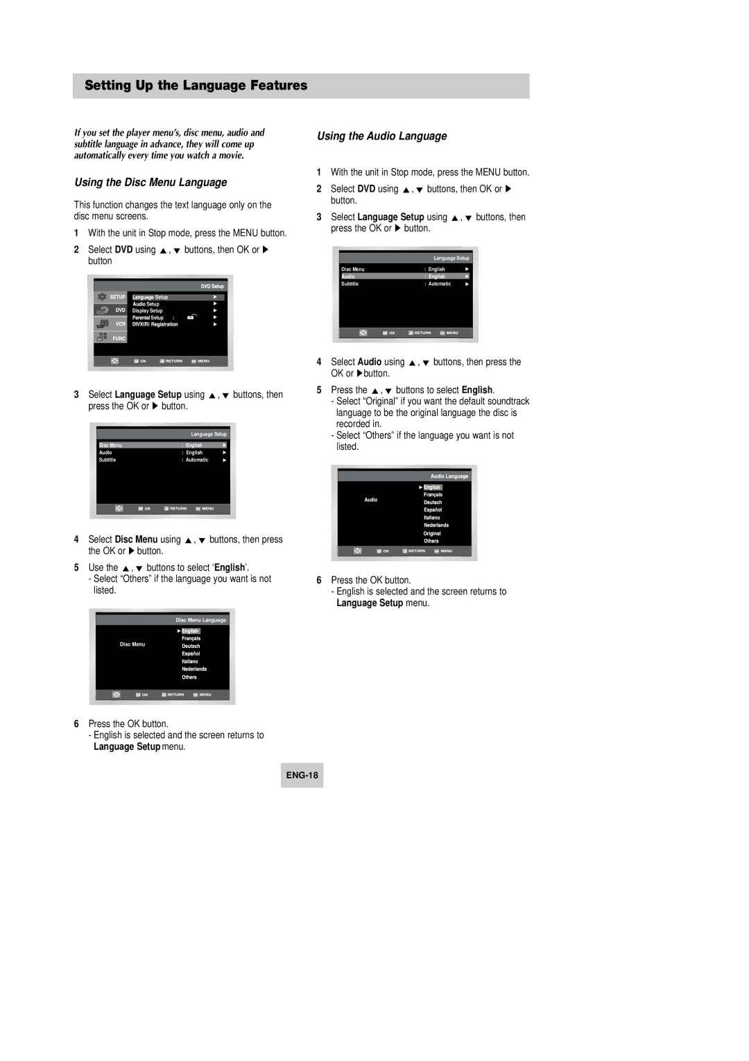 Samsung DVD-V642K, DVD-V645K instruction manual Setting Up the Language Features 