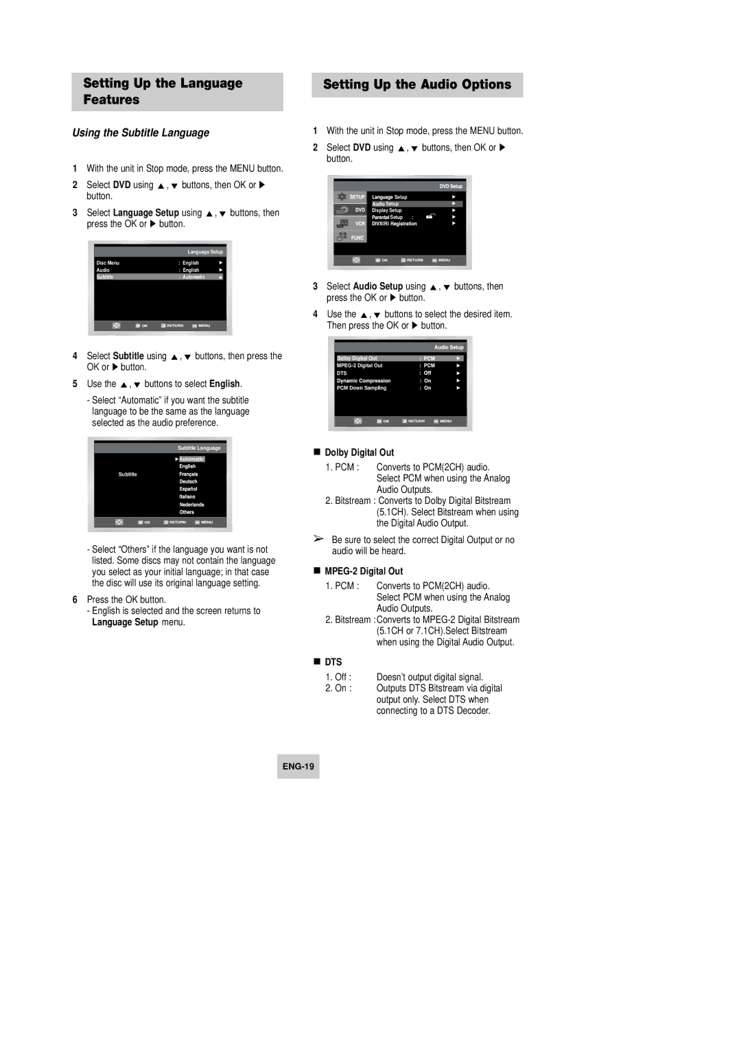 Samsung DVD-V645K, DVD-V642K instruction manual Setting Up the Audio Options, Dolby Digital Out, MPEG-2 Digital Out 