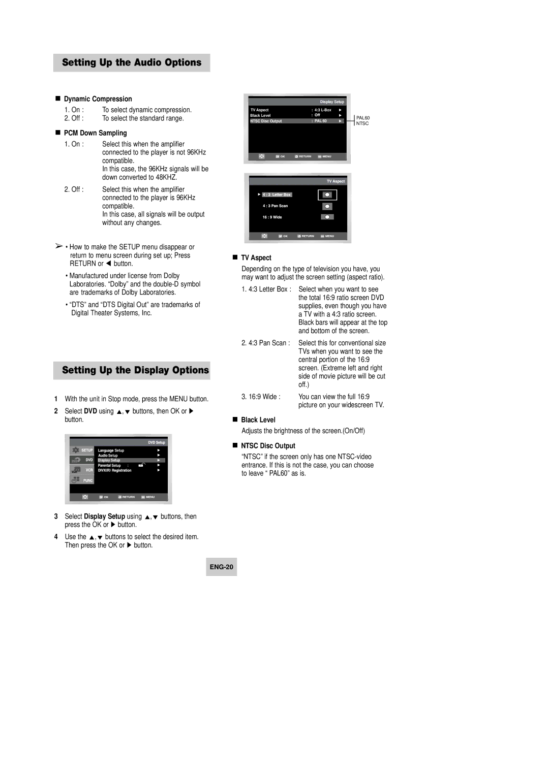 Samsung DVD-V642K, DVD-V645K instruction manual Setting Up the Display Options 