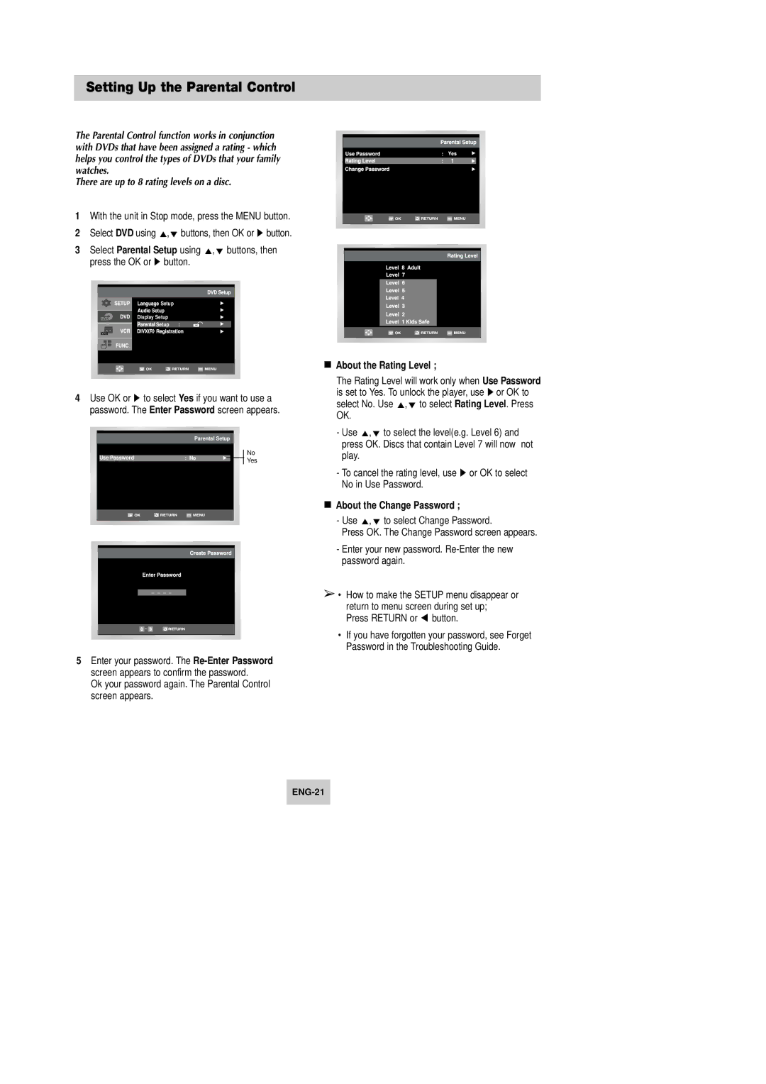 Samsung DVD-V645K Setting Up the Parental Control, There are up to 8 rating levels on a disc, About the Rating Level 