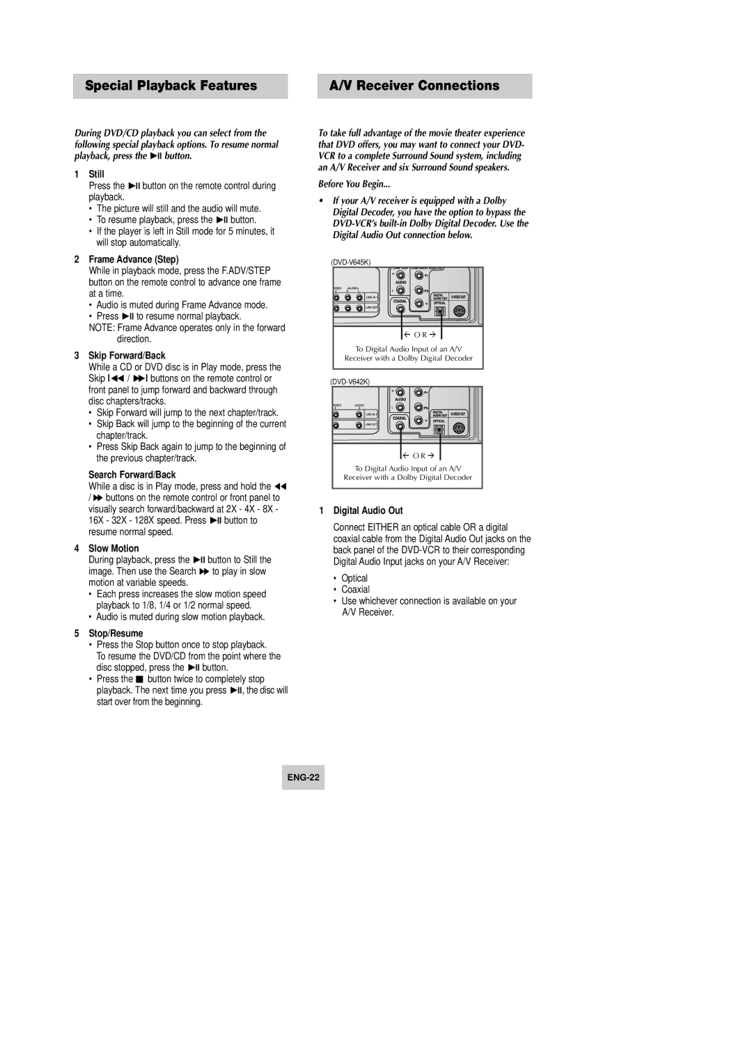 Samsung DVD-V642K, DVD-V645K instruction manual Special Playback Features, Receiver Connections, Before You Begin 