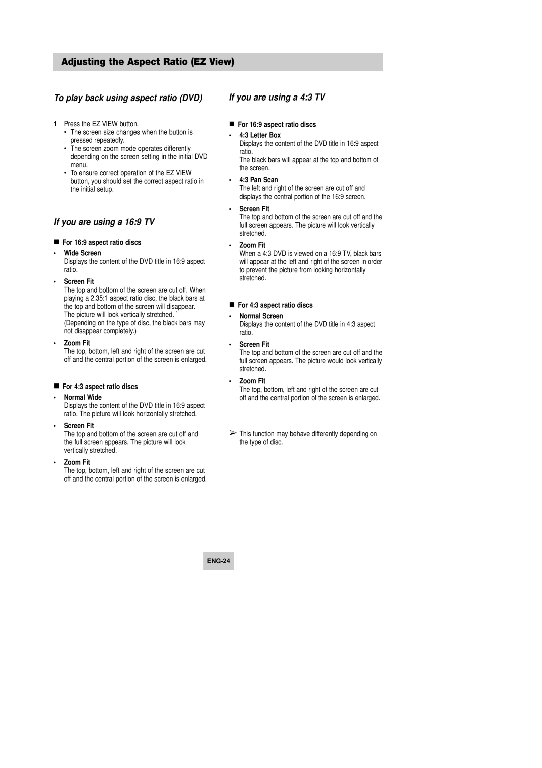 Samsung DVD-V642K Adjusting the Aspect Ratio EZ View, To play back using aspect ratio DVD, If you are using a 169 TV 