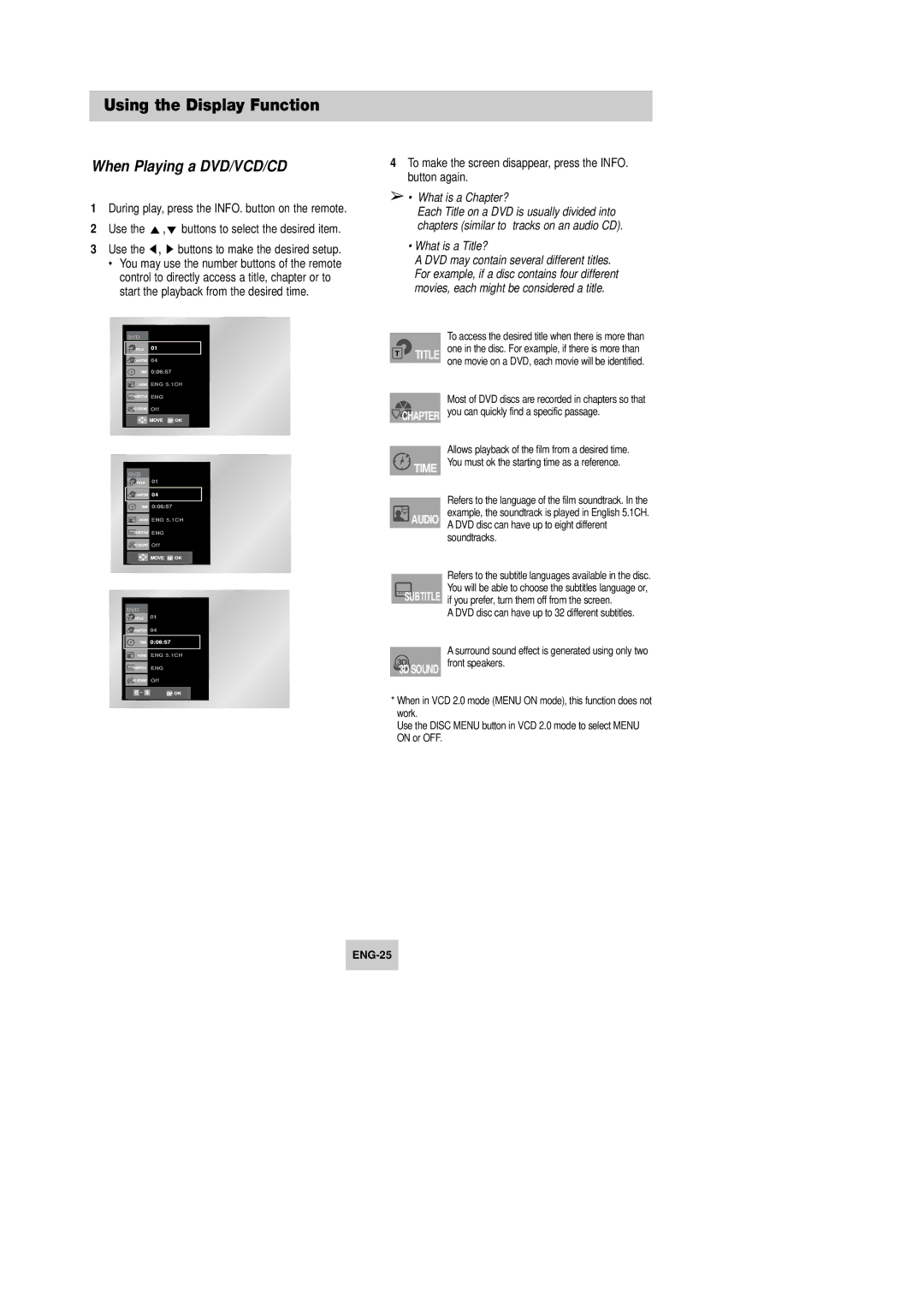 Samsung DVD-V645K, DVD-V642K instruction manual Using the Display Function, When Playing a DVD/VCD/CD 